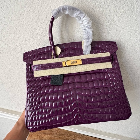LEATHER INSIDE & OUT Purple Arch Bead 30 BK High Gloss Croc 3D Emboss Satchel B1 - Picture 3 of 16